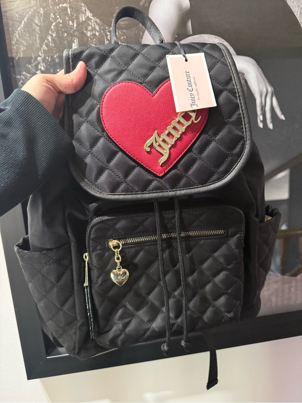 Juicy Couture Black Quilted Backpack with Red Heart Patch and Gold Charm